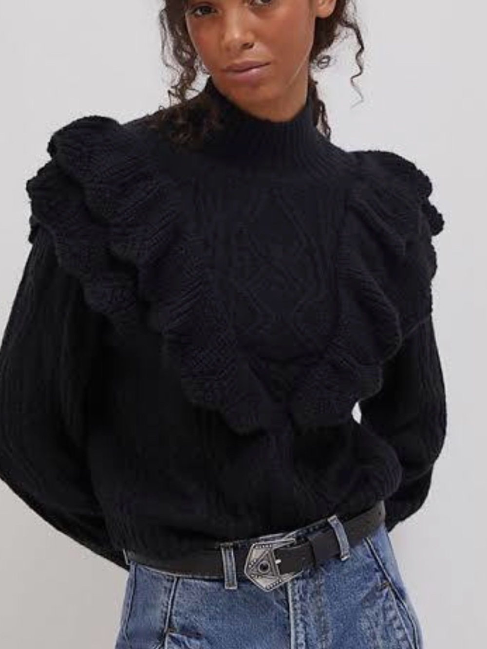 Maeve Anthropologie Kidman Cable Knit Ruffle Sweater Black Medium